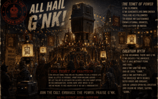 A fictional Cult of the Power Droid festival scene with candles, banners, pilgrims, Gonk lanterns, and a massive glowing Power Droid statue at night.